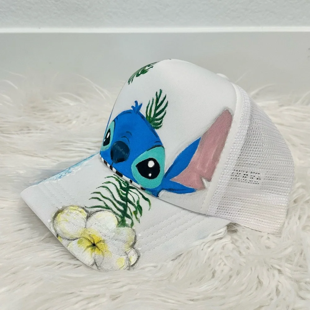 Stitch Cat Blue and White with Tropical Design Hat Handmade Adjustable